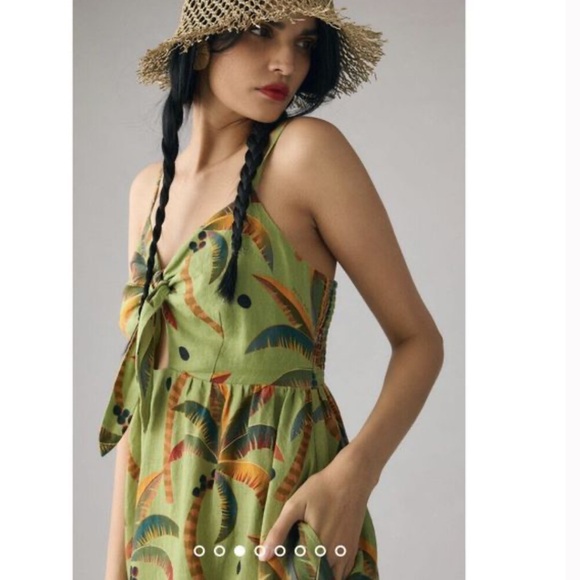 FARM Rio New Anthropologie Tie-Front Linen Dress Size Green Palm Tree  Pockets Xs - threedaughtersproperties.com